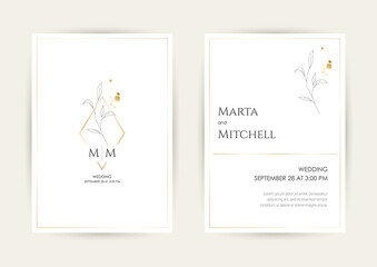 Minimalist wedding invitation card template design, golden line art drawing with triangle frame. Good for poster, card, invitation, flyer, cover, banner, placard, brochure and other graphic design.