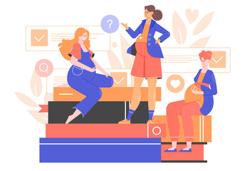 Pregnant women friends and stacks of books. Self-education, childbirth preparation, birth and parenting planning. Smart girls. Vector flat illustration.