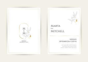 Minimalist wedding invitation card template design, golden line art drawing with triangle frame. Good for poster, card, invitation, flyer, cover, banner, placard, brochure and other graphic design.