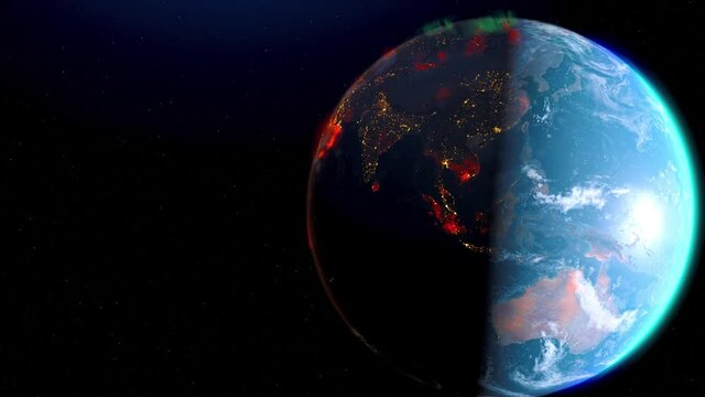 Concept of Earth wildfire view from space rotation day to night skyline. Greenhouse gas effect. Realistic 3d rendering animation. elements of this image furnished by NASA.