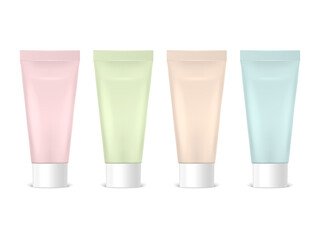 Vector 3d Realistic Plastic, Metal Pink, Green, Beige, Blue Tooth Paste, Cream Tube, Packing Set Isolated. Design Template of Toothpaste, Cosmetics, Cream, Tooth Paste for Mockup. Front View