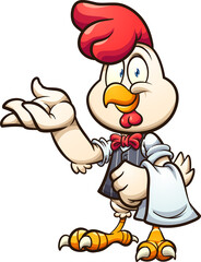 Cartoon waiter chicken with vest and bow tie. Vector clip art illustration with simple gradients. All on a single layer. 