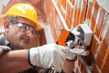 Electrician worker with wire stripper prepares electrical cables; wear helmet, gloves and goggles....