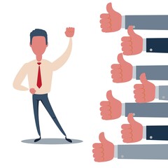 Happy and proud businessman with many thumbs up hands.