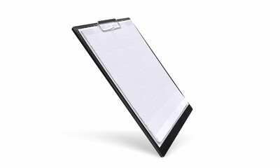 Blank paper list in black tablet on wooden office table with black keyboard and green plant in vase. 3D render