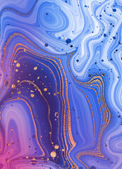 Gold marble design. A beautiful combination of pink and blue marble and gold. Splashes and lines. Marble pattern for print and web design. The background is golden.