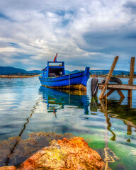 Fototapeta na wymiar Fishing boats view in Urla Town of Turkey