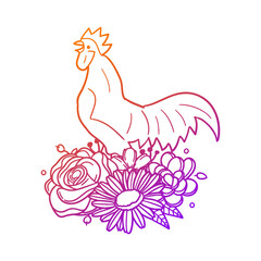 Rooster Rose Flower with Vintage Chicken Design. Animal Floral frame ornament vector style. Decoration Design Wreath illustration.