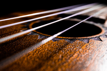 Angled View of Ukulele Strings and Soundhole