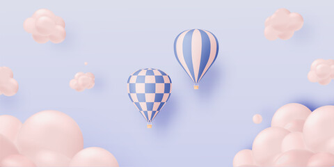 Hot air balloon paper art style with pastel sky backgroun