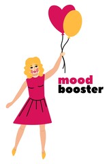 A cute girl in a pink bright dress raises balloons into the sky. greeting card, compliment, surprise with the inscription 