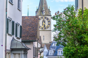 Fototapeta na wymiar View of historic Zurich city center on a summer day, Canton of Zurich, Switzerland.