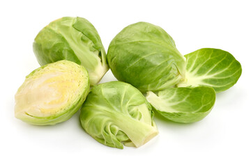 Fresh green Brussels sprouts, isolated on white background. High resolution image