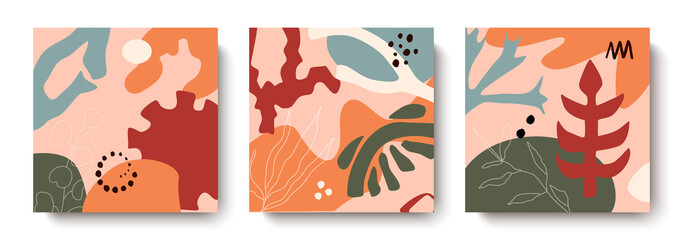 Obraz na płótnie Canvas A fashionable set of abstract bright cards with leaves.Creative doodles of various shapes and textures.Vector illustration is perfect for prints,flyers,banners, postcards, invitations, wall art.