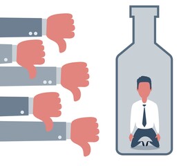 People show Thumbs down dislike for depressed and sad man in a big bottle of alcohol drink. Alcoholic addicted to Flat style concept vector illustration on white vector