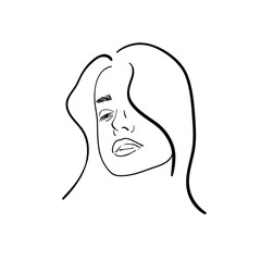Abstract feminine linear woman face portrait, continuous line hand drawing of a girl vector