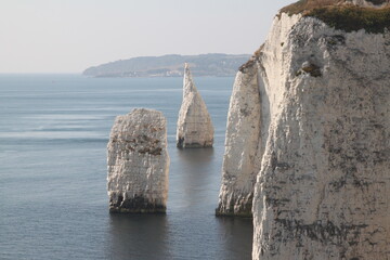 beautiful white cliffs and stalks of the old harry rocks at the jurassic coast in england in summer