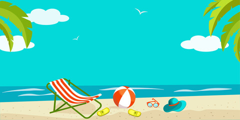 Fototapeta na wymiar Bright summer beach panorama vector illustration.