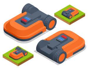 Naklejka premium Isometric Robotic lawn mower on grass, trimmer robot