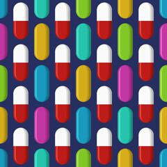 Vector seamless pattern with pills, tablets of different colors, isolated on dark blue background. Medical preparations. Flat design. Color illustration.