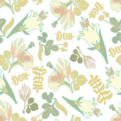 Vector seamless colorful design pattern botanical cute spring herbs and flowers in pastel tones