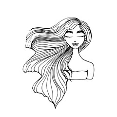 Beautiful girl with long wavy hair isolated on white. Beauty salon icon. Abstract lines hair. Vector stock illustration.