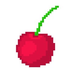 Fototapeta premium Ripe pixel cherry icon. Red berry with sour spicy taste green tail fresh natural vitamin for juice and decorating vector dessert.