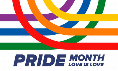 LGBTQIA Pride Month in June. Lesbian Gay Bisexual Transgender. Celebrated annual. LGBT flag. Rainbow love concept. Human rights and tolerance. Poster, card, banner and background. Vector illustration