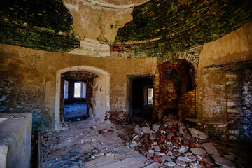 Fototapeta premium Old ruined abandoned historical mansion, inside view