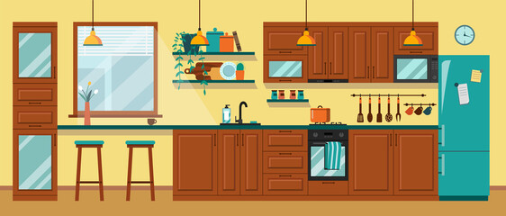 Kitchen interior design with furniture. brown cooking room with table, cupboard, stove and microwave vector illustration in flat style.Culinary decorations.Household objects and cooking utensils.