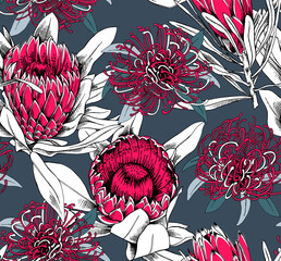 Floral Seamless pattern. Pink Protea (Sugarbushes and african) flowers and leaves on a dark blue background. Textile composition, hand drawn style print. Vector illustration.