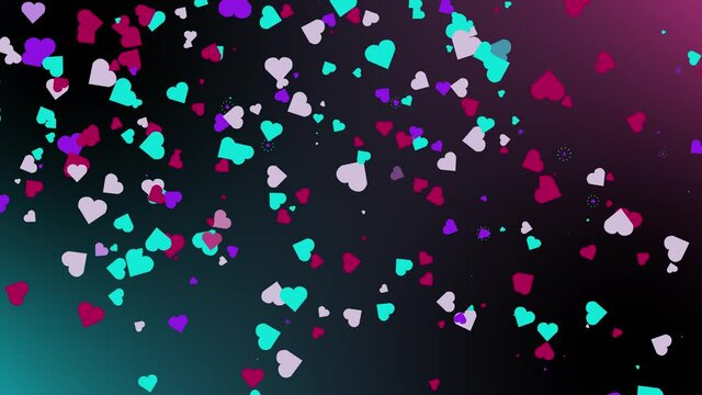 Background with hearts in tiktok style. Turquoise and pink hearts. randomly flying particles.