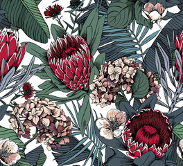 Floral Seamless pattern. Protea (Sugarbushes), Hydrangea, exotic palm leaf, wildflowers flowers and leaves. Textile composition, hand drawn style print. Vector illustration.