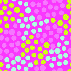 Vector pattern with polka dots of bright colors on a pink background. Seamless pattern for baby textiles.