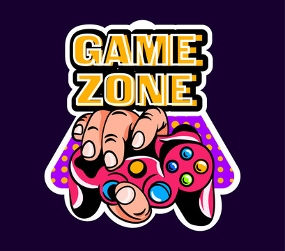Cute game logo patch with game zone lettering and hand holding gamepad