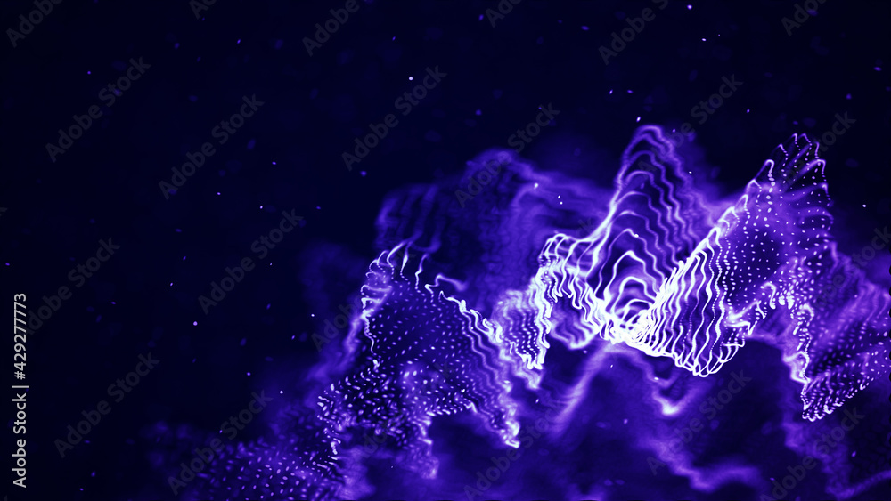 Poster wave of dust particles. futuristic point wave abstract wave dots in dark background . 3d rendering