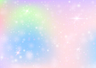 Holographic background with rainbow mesh. Liquid universe banner in princess colors. Fantasy gradient backdrop with hologram. Holographic unicorn background with fairy sparkles, stars and blurs.