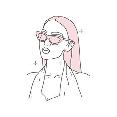 Portrait of beautiful girl. Model in stylish sunglasses, cat-eye. Long hair, lush lips, elegant swimsuit. Modern minimalist illustration, vector. Outline drawing, fashion sketch. Sticker design, print