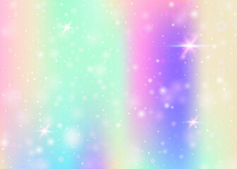 Hologram background with rainbow mesh. Cute universe banner in princess colors. Fantasy gradient backdrop. Hologram magic background with fairy sparkles, stars and blurs.