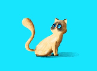 hand drawn cute cat on blue background.