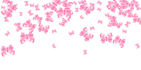 Romantic pink butterflies flying vector illustration. Spring beautiful moths. Wild butterflies flying fantasy wallpaper. Gentle wings insects patten. Fragile beings.