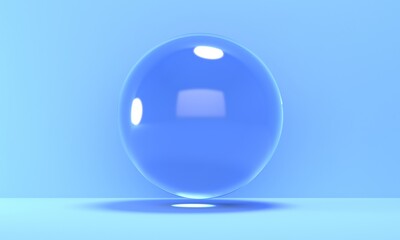 Abstract blue background with flying transparent water bubble. 3d rendering