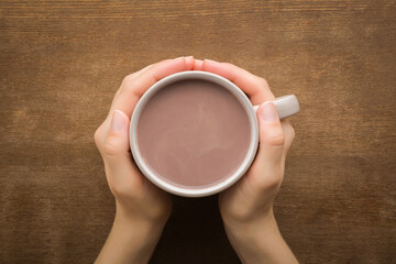 Young adult woman hands holding mug of cocoa on dark brown wooden table background. Closeup. Point...