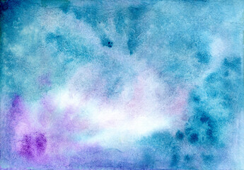 Fototapeta na wymiar Abstract watercolor hand drawn background with blue and violet staines