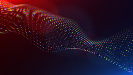 Abstract blue and red particles background. Flow wave with dot landscape. Digital data structure. Future mesh or sound grid. Pattern point visualization. Technology vector illustration.