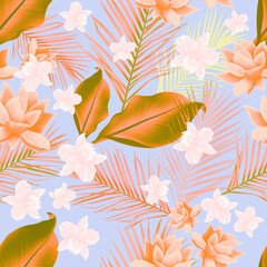 Colourful Seamless Pattern with tropic flowers and leaves. Seamless tropical flower, plant and leaf pattern background. Hawaii jungle flowers....