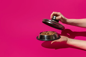 Hand holds a bowl of wet pet food on a pink background