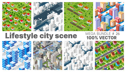 Lifestyle city scene set illustrations on urban themes