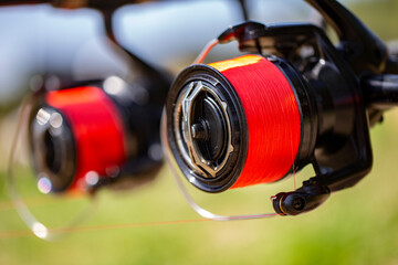 Closeup of fishing gear outdoors. 