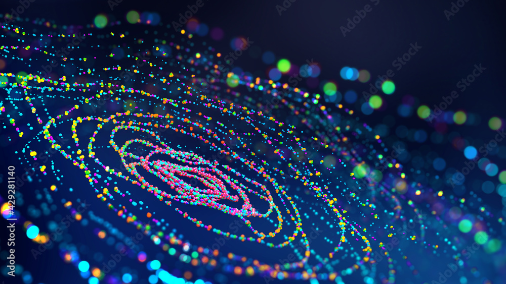 Aufkleber Big data. Business and digital technologies. Data flow in a secure system. Wireless systems, globalization. Data analytics, blockchain technology. 3D illustration of circular paths